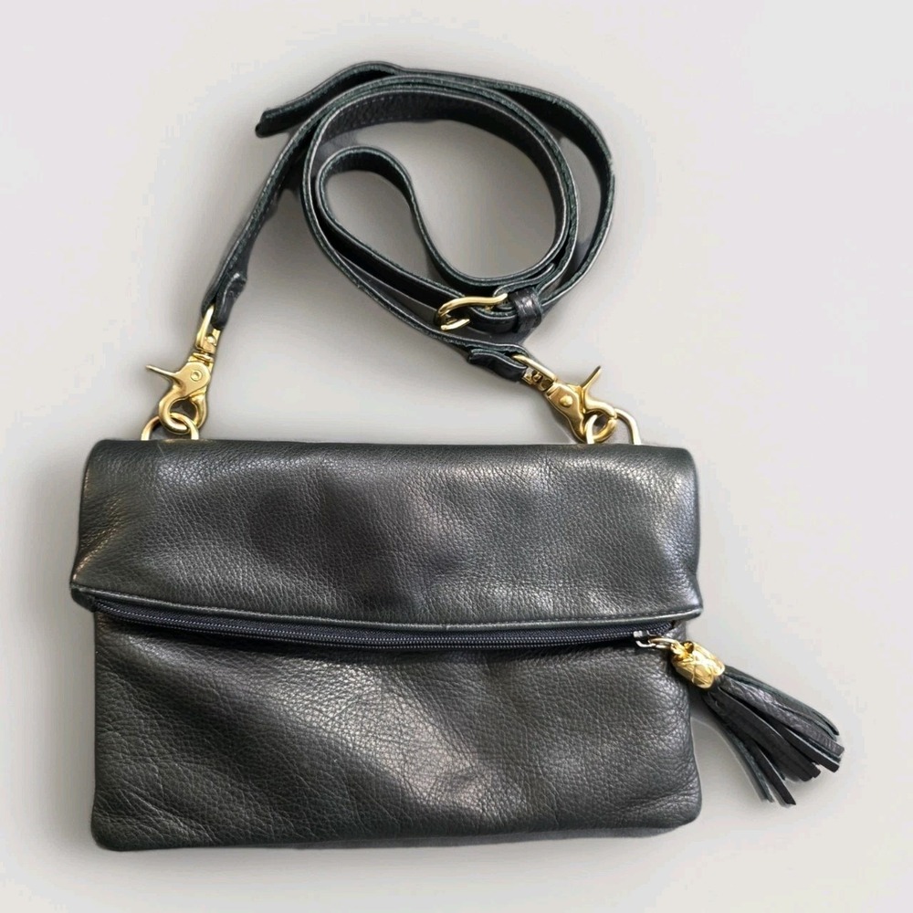 Elie Handbags Black Pebbled Leather Crossbody Bag Made in USA Tassel Foldover